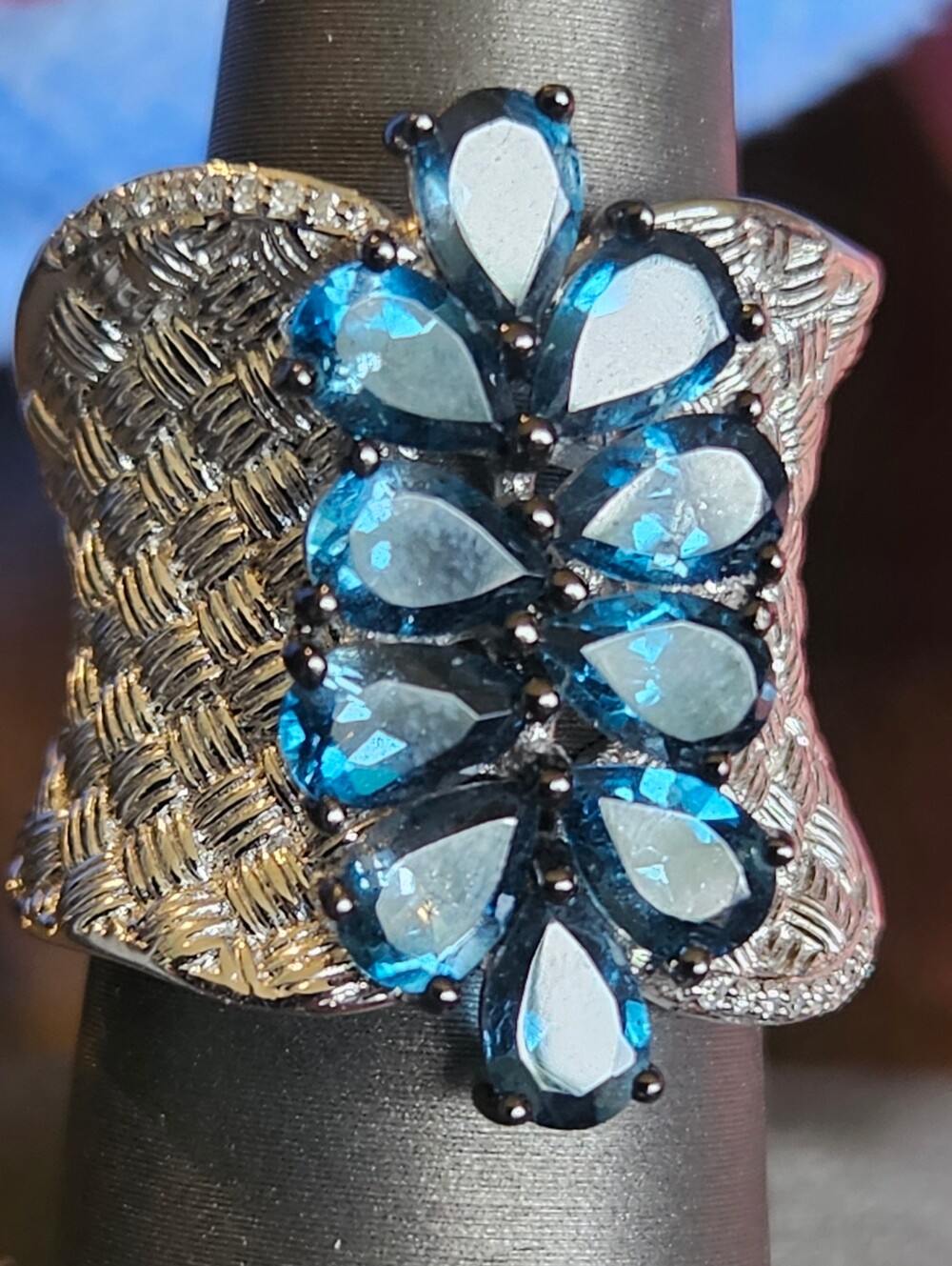 Big London Blue Topaz  & Diamonds Basket Weave Design Ring 925 Silver 12.5 grams